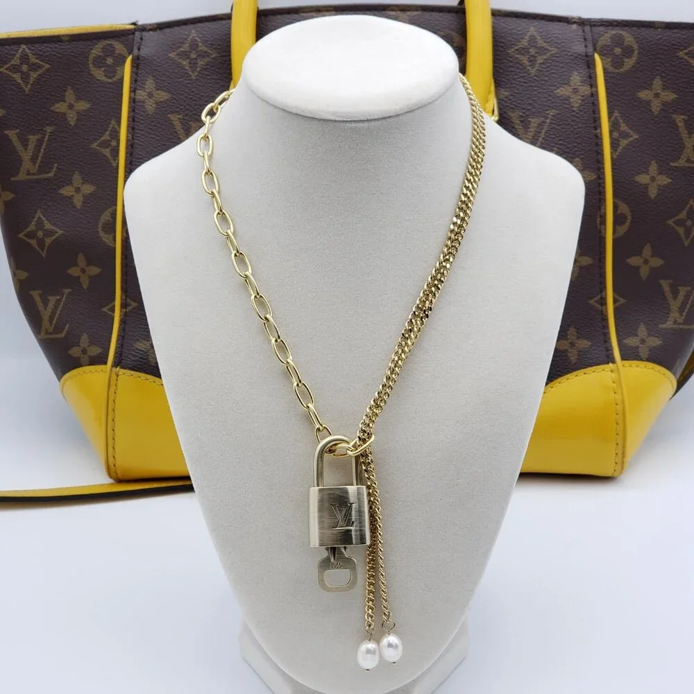 Stainless Steel Gold-Plated Necklace with Authentic Louis Vuitton Padlock